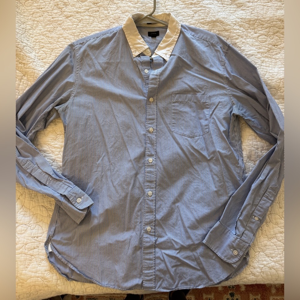 J. Crew men’s slim fit blue and white striped button down with white collar L